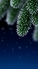 Frosted fir branches hang against a dark blue background with gentle snowfall and bokeh lights