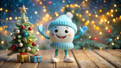 A cheerful cartoon snowball character wearing a blue knitted hat and scarf stands next to a decorated christmas tree with festive bokeh lights in the background