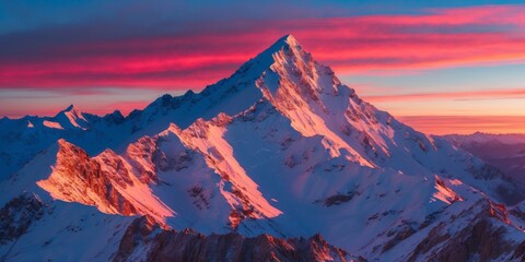 Majestic Snow-Capped Mountain Peaks Under Vibrant Sunset Sky with Colorful Clouds and Warm Glows Over Alpine Landscape