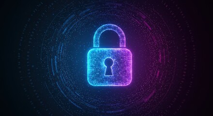 Digital security padlock icon glowing in neon on dark background