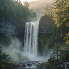 Majestic waterfall cascading down rocky cliffs surrounded by lush greenery and mist in serene natural landscape