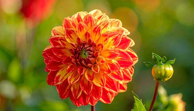 Vivid red and yellow flower in bloom with bud
