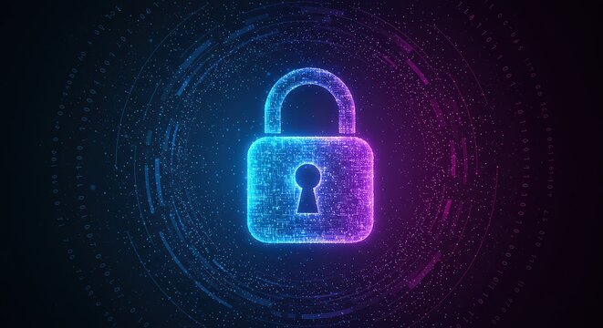 Digital security padlock icon glowing in neon on dark background
