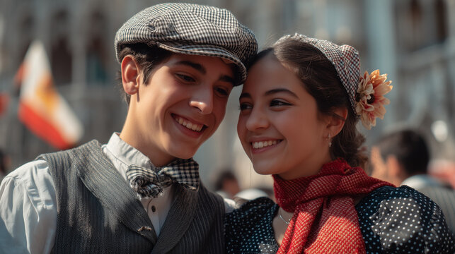 A romantic young couple in traditional Chulapo and Chulapa attire share a tender moment during the Fiesta de la Virgen de la Almudena, Spain