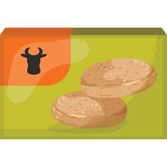 Two Almond Cookies on a Yellow Green Package with Orange Square Showing a Black Bull Silhouette Illustration