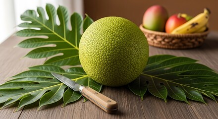 A whole fresh breadfruit sits on its large leaves on a wooden table, with a knife and a fruit basket nearby.