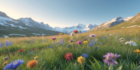 Vibrant Alpine Meadow with Colorful Wildflowers Under Clear Blue Sky and Majestic Snow-Capped Mountains