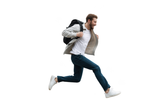Man running with backpack isolated on transparent background