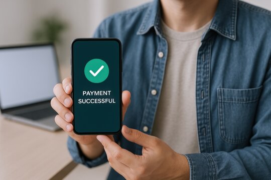 Man holds smartphone displaying successful payment, showcasing online transaction completion and digital financial technology