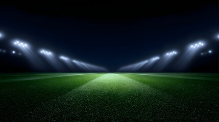 A modern football stadium pitch illuminated by dramatic floodlights at night