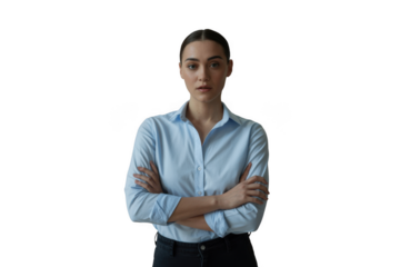 Young businesswoman with arms crossed isolated on transparent background