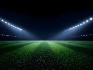 A vast football stadium at night illuminated by dramatic floodlights over a pristine green pitch with dark sky and ample copy space