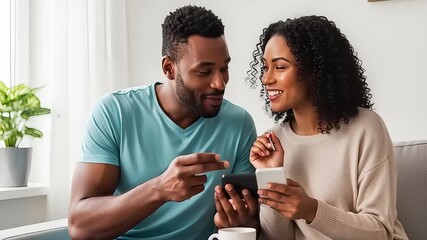 Smiling Black couple bonding over a smartphone, browsing digital content and sharing a moment of connection in a cozy home environment - Powered by Adobe
