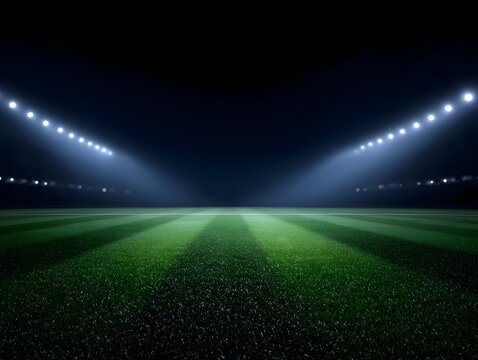 A vast football stadium at night illuminated by dramatic floodlights over a pristine green pitch with dark sky and ample copy space