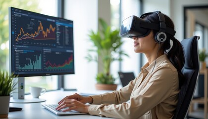 asia office workflo visual concept. Woman using VR technology for data analysis in a modern office.
