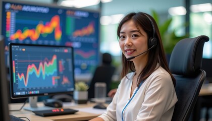 asia office workflo visual concept. Professional woman at computer with business graphs in background.