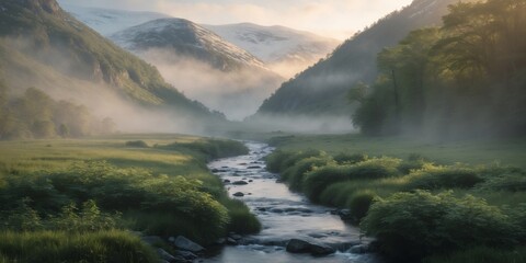 Serene Misty Valley at Dawn with Gentle Stream Flowing Through Lush Green Landscape and Majestic Mountains in Background