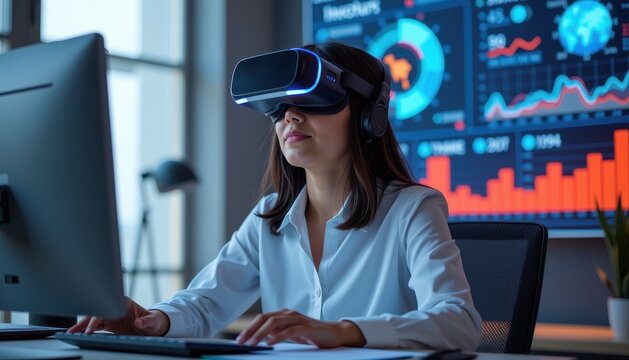 asia office workflo visual concept. Woman using virtual reality headset at a computer desk with data graphics.