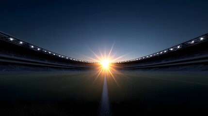 A wide angle view of an empty stadium at sunrise with bright sun rays streaming through the stands and illuminating the sports field