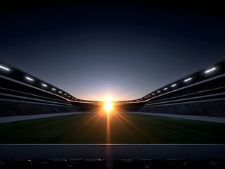 An empty stadium bathed in the golden hour sunset with sun rays streaming through the stands onto the green pitch