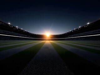 Empty sports stadium at golden hour with dramatic sun rays beaming across the illuminated pitch and grandstands