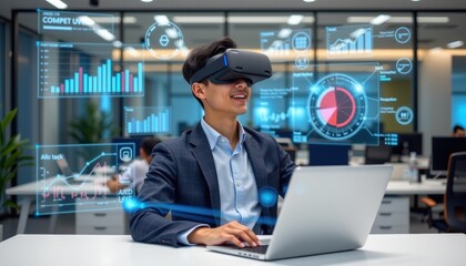 asia office workflo visual concept. Young professional using VR technology in a modern office setting.