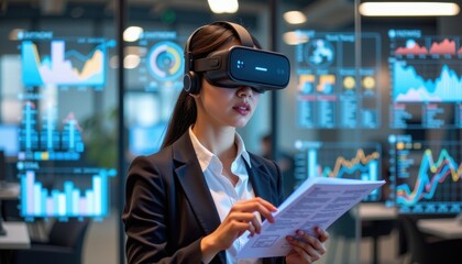 asia office workflo visual concept. Businesswoman using VR technology in a modern office environment.