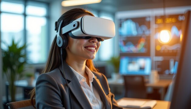 asia office workflo visual concept. A woman smiling while using a virtual reality headset in an office. - Powered by Adobe