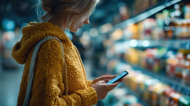 Young Woman in Cozy Sweater Using Smartphone While Shopping in Grocery Store Aisle Filled with Colorful Food Products and Beverages