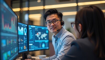 asia office workflo visual concept. Collaborative work in a modern tech office with data on screens.