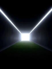 A dark stadium tunnel with vibrant green grass leading towards a bright luminous exit with light bloom
