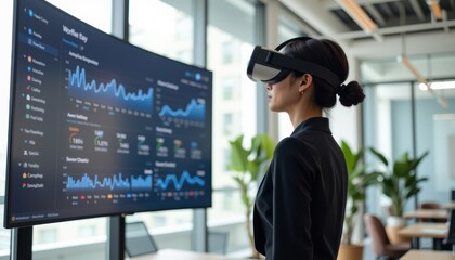 asia office workflo visual concept. Woman using VR headset in office analyzing data on a screen.
