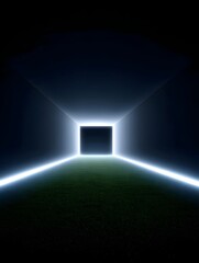 A glowing futuristic tunnel with a grassy floor leads to a bright ethereal exit creating a sense of depth and anticipation