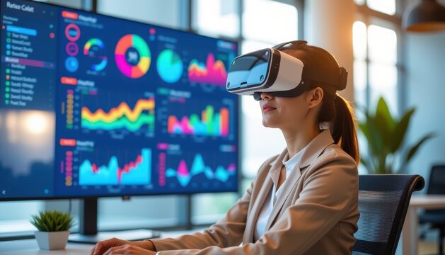 asia office workflo visual concept. Woman in VR headset analyzing data on a digital screen.
