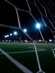 A close up view through a soccer goal net at night with blurred stadium lights illuminating the field in the background