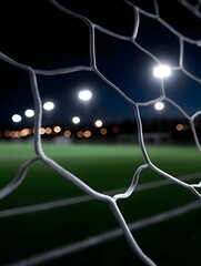 Close up view of a soccer goal net at night with blurred stadium lights illuminating the field beyond