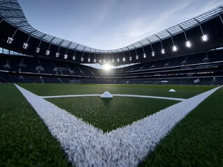 An empty modern football stadium at sunrise viewed from the pitch corner with soft light illuminating the stands and turf