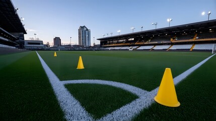 Green soccer field corner with yellow training cones and empty stadium seats under a clear sky