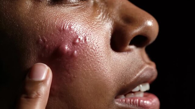 Close Up Portrait of Woman Examining Facial Blemish Against Black Background