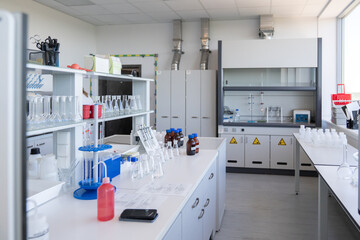 Clean laboratory with glassware and tools