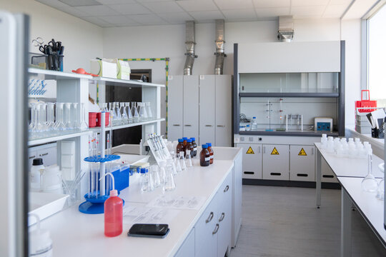 Clean laboratory with glassware and tools