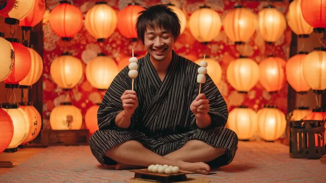 男性が夏祭りの席で団子を持つ