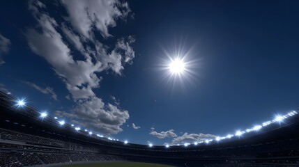 Wide angle view of a bright sun and stadium lights illuminating a sports arena filled with spectators under a blue sky with clouds