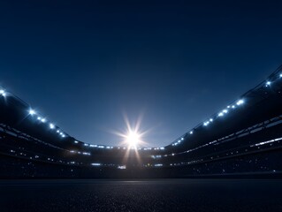 Illuminated stadium at night with bright spotlights against a dark blue sky