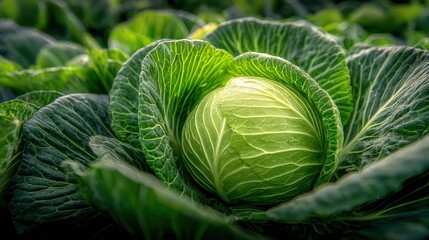 Obraz premium Fresh Green Cabbage Head Growing in the Garden Ready for Harvest and Consumption