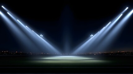Empty football stadium at night illuminated by powerful spotlights casting dramatic beams of light onto the field with a distant city skyline