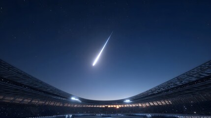 A brilliant meteor streaks across the vast star filled night sky observed from a grand empty sports stadium with illuminated architecture below