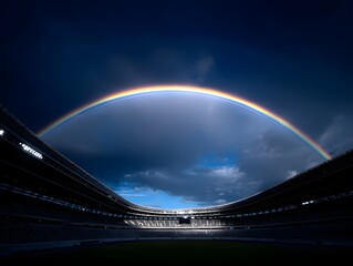 A dramatic rainbow arches over an empty stadium after a rain shower with floodlights illuminating the scene