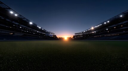 A cinematic view of an empty sports stadium at sunset with bright floodlights illuminating the field and warm sky