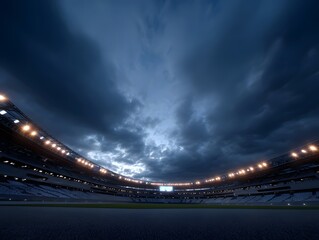 Dramatic stadium at dusk with moody clouds and glowing lights empty seats under a dark sky